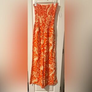 Orange Floral Strapless Maxi One piece with pockets